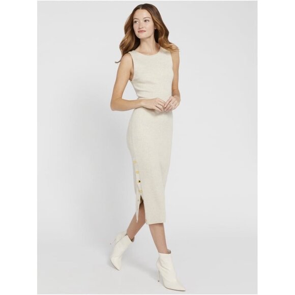 Alice + Olivia Jenner Crew Neck Dress Midi Ribbed Wool Sz L Oatmeal - Picture 1 of 16